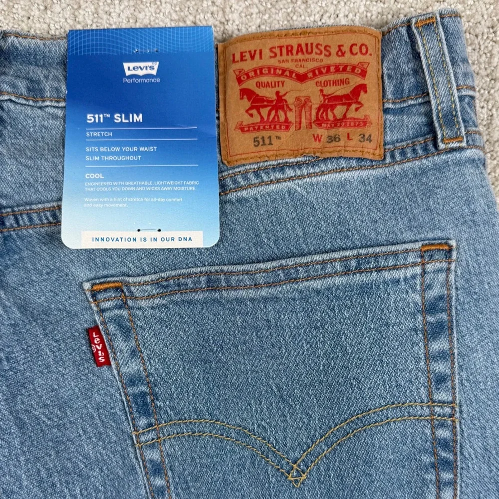 NEW Levi's 511 Mens 36x34 Slim Fit Performance Cool Stretch Denim Blue Jeans